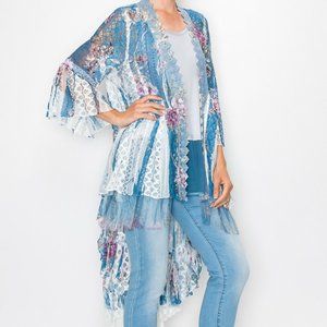 ORIGAMI DESIGNER duster cardigan kimono wrap BLUE FLORAL all lace SM-4X BOHEMIAN